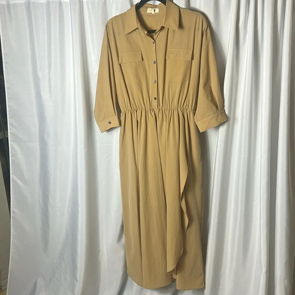Melloday Tan Shirt Dress L Collared Button Front Midi Pockets Elastic Waist - Picture 1 of 10